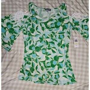 Sam and Jess Womens Green Blue Floral Cold Shoulder Knit Top Lattice Detail  NWT